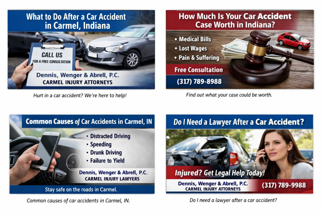 Car accident scene in Carmel Indiana with legal consultation message from personal injury attorneys