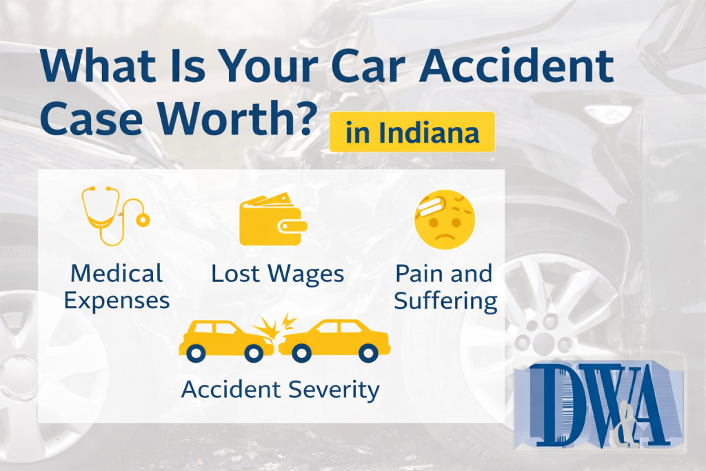 Car accident case value in Indiana graphic with law firm branding