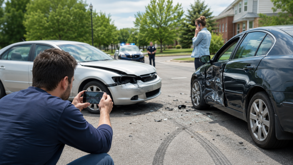 Driver photographing vehicle damage after a car accident in Carmel, Indiana