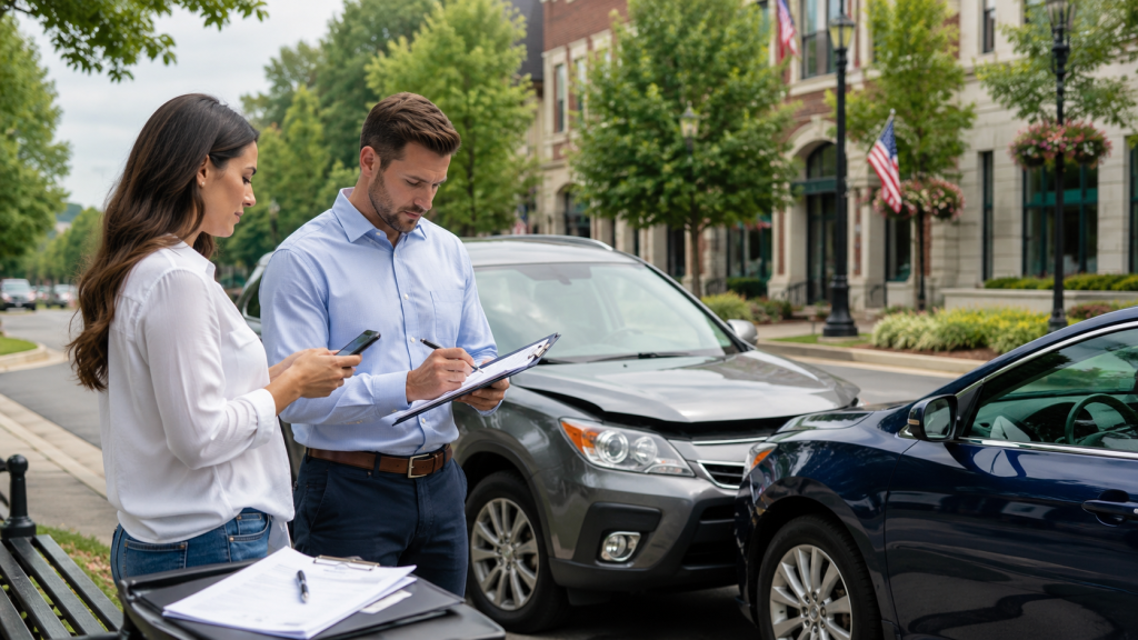 Two people exchanging information after a minor car accident on a street in Carmel, Indiana