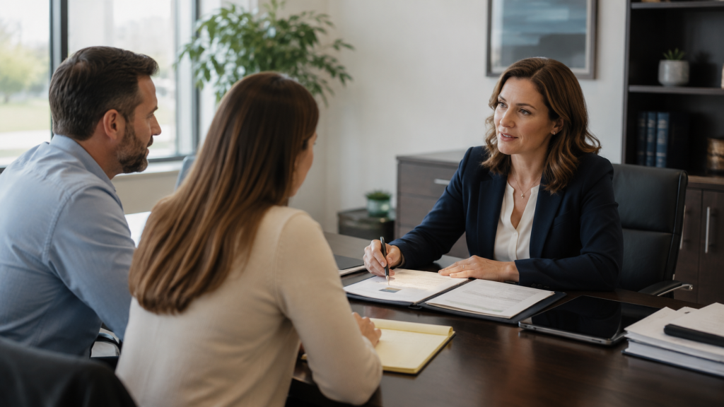 Attorneys meeting with a client in a professional law office setting in Muncie, Indiana