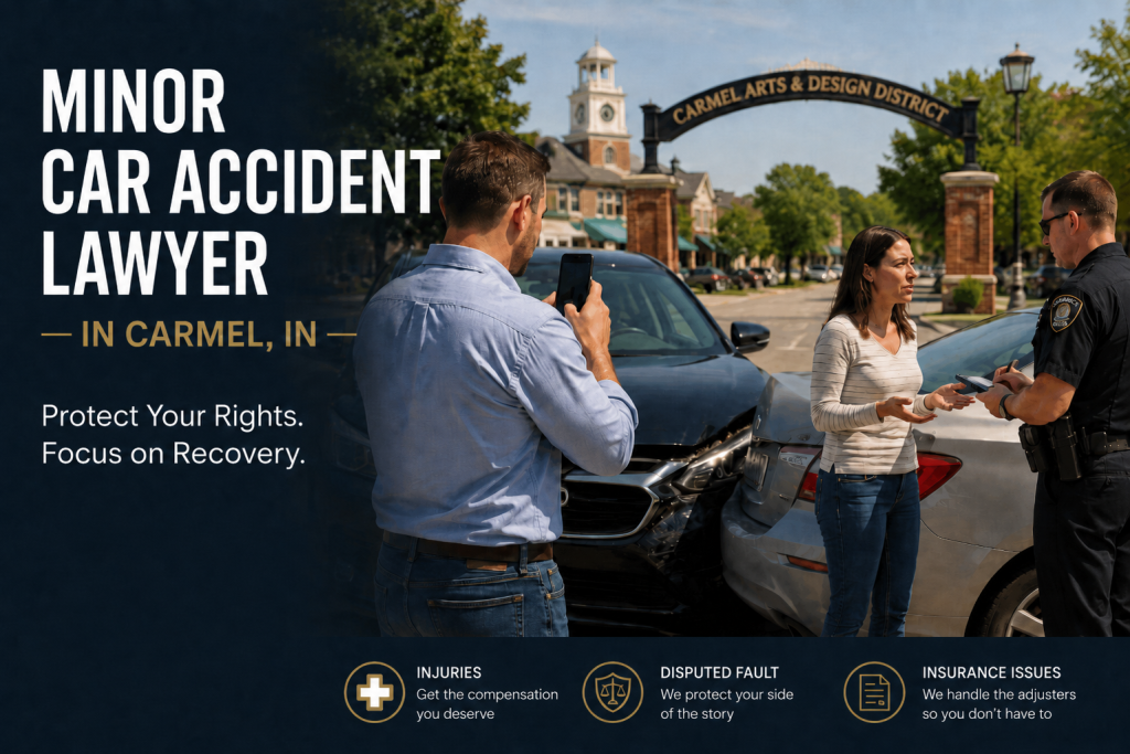 Drivers documenting a minor car accident and speaking with a police officer in Carmel, Indiana.