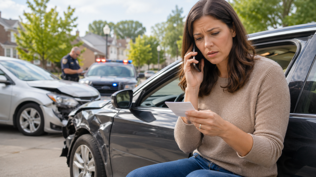 Driver speaking with an insurance adjuster after a Carmel car accident