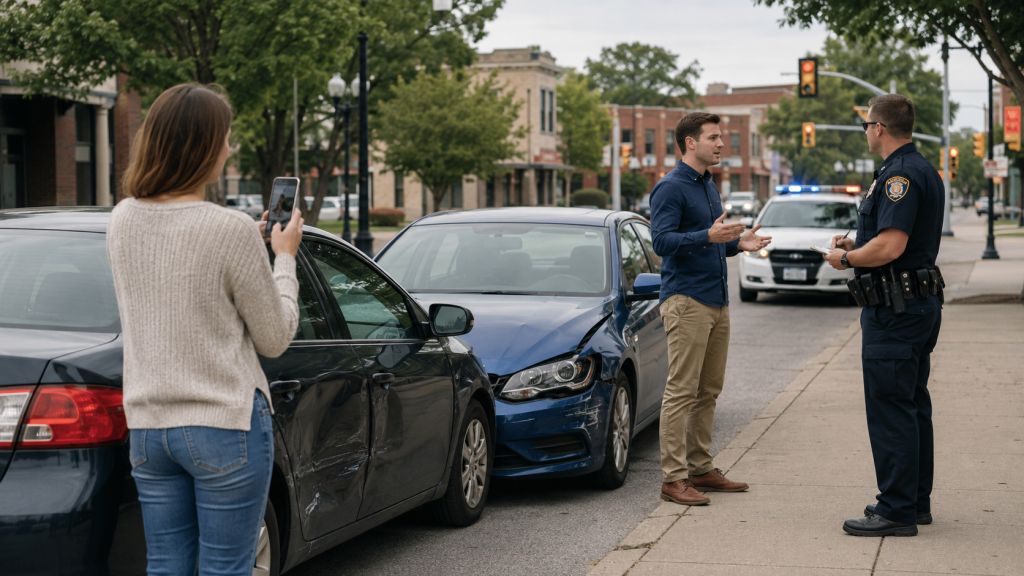 Drivers documenting a minor car accident and speaking with police in Muncie, Indiana.