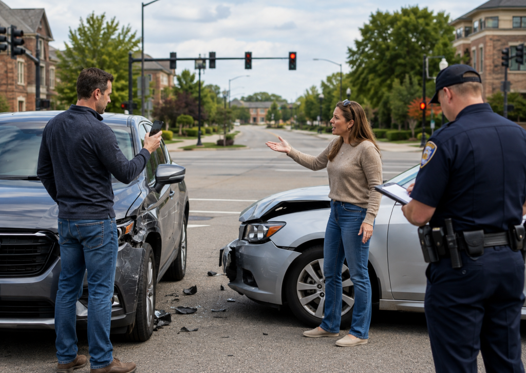 Car accident fault Carmel Indiana scene with two drivers disputing responsibility while a police officer documents the collision