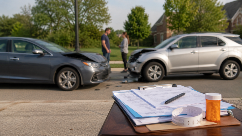 Medical bills and insurance documents near two damaged vehicles after a Carmel car accident