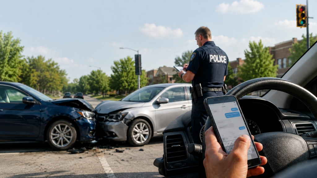 Distracted driving accident Carmel scene showing a driver using a phone before a two-car collision while police document the crash