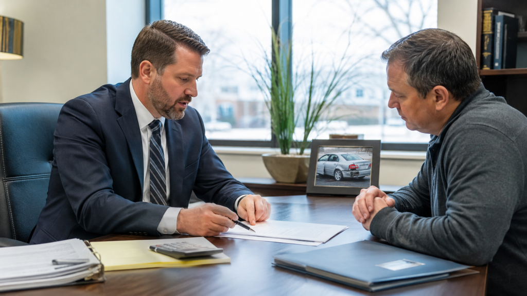 Attorney explaining a car accident fee agreement to a client in an Indiana office.