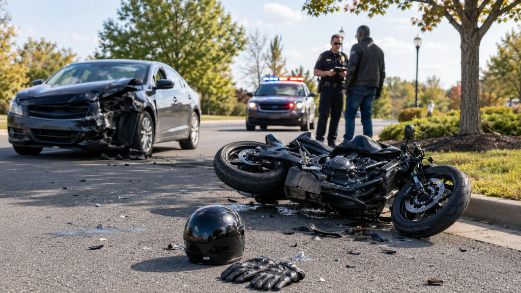 Motorcycle injury lawyer Carmel featured image showing a damaged motorcycle, helmet, vehicle, and police response after an accident