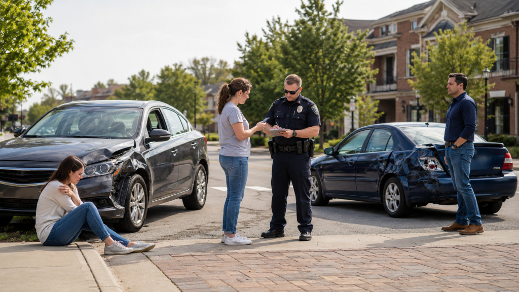 Passenger injury claim Carmel scene showing an injured passenger after a car accident while police document the collision
