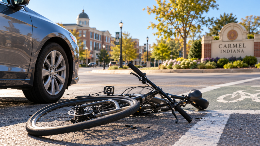 Damaged bicycle beside a vehicle after a bicycle accident in Carmel, Indiana.