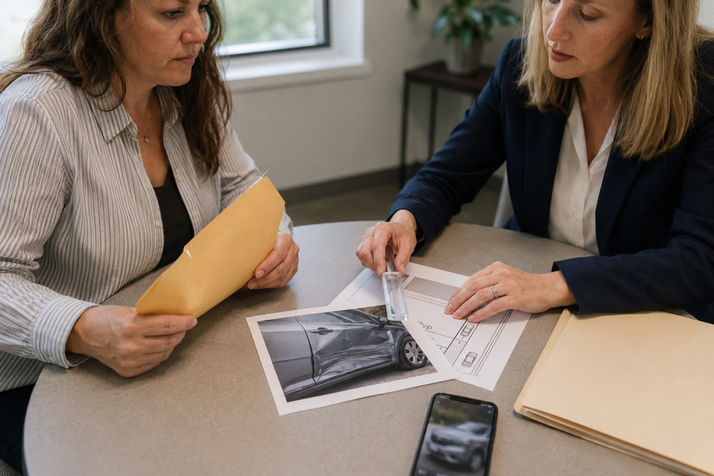 Attorney reviewing crash evidence with a client after an Indiana car accident claim denial.
