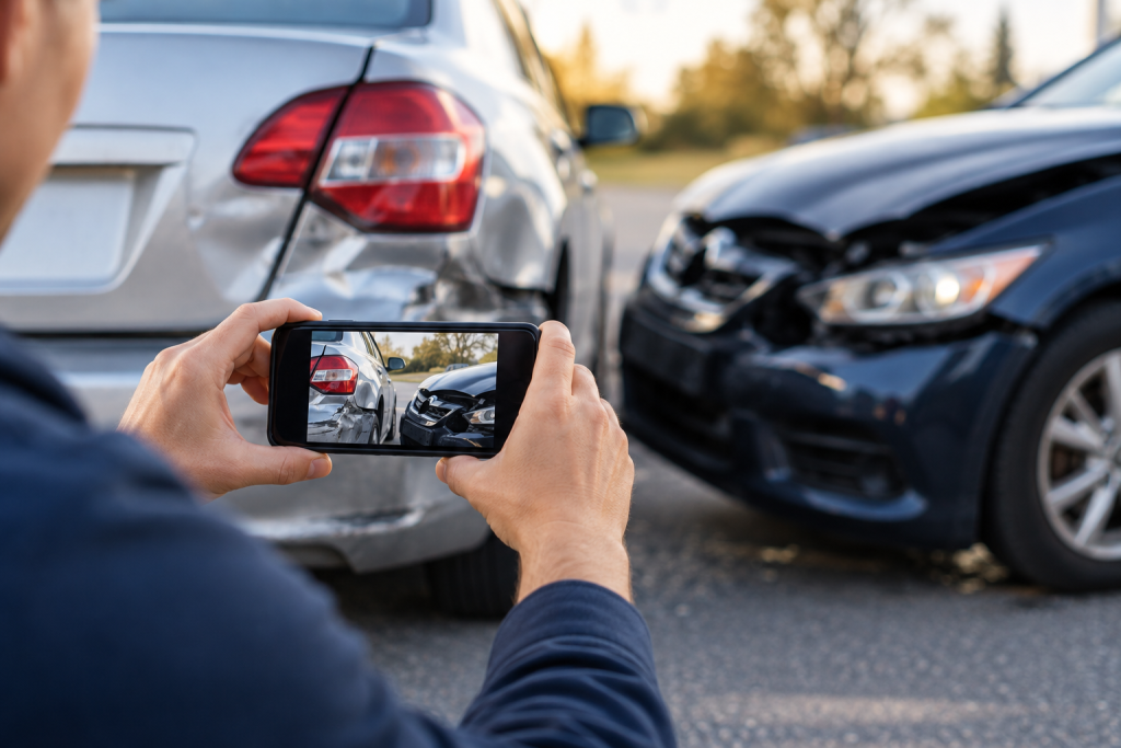 Driver photographing vehicle damage after a car accident in Indiana without a police report