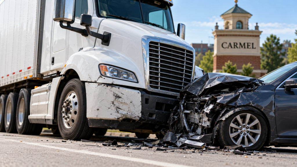 Commercial truck and damaged car after a serious crash in Carmel, Indiana.
