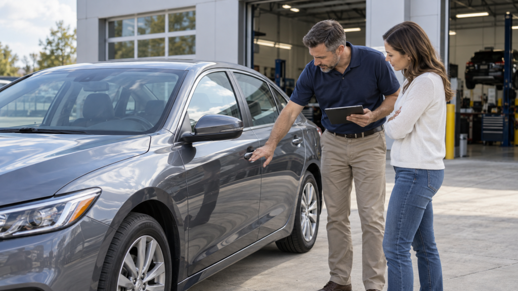 Vehicle owner and appraiser inspecting a repaired car for a diminished-value claim in Indiana.