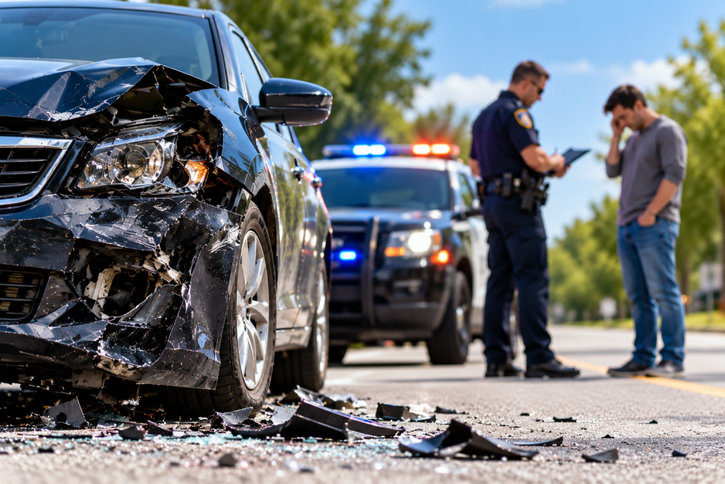 Damaged car after a suspected drunk driving accident with police at the scene