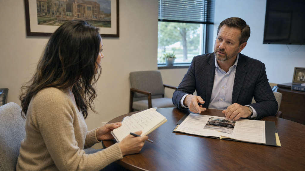 Prospective client asking a Carmel car accident lawyer questions during a consultation.
