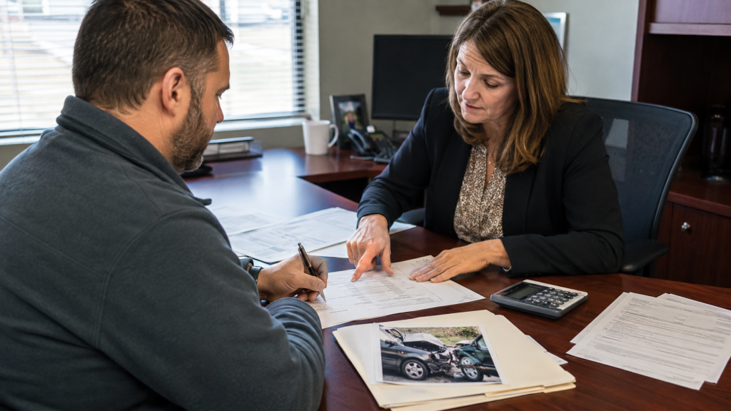 Attorney reviewing a car accident settlement statement with a client in Indiana.