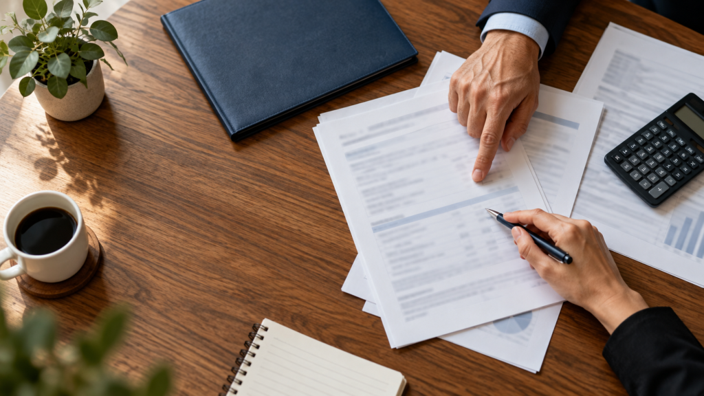 Settlement and tax documents being reviewed with a calculator on an office desk.