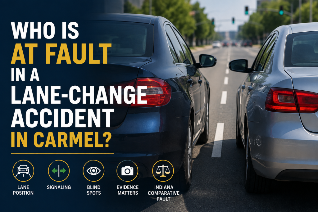 Lane change accident fault Carmel involving two vehicles traveling closely in adjacent lanes