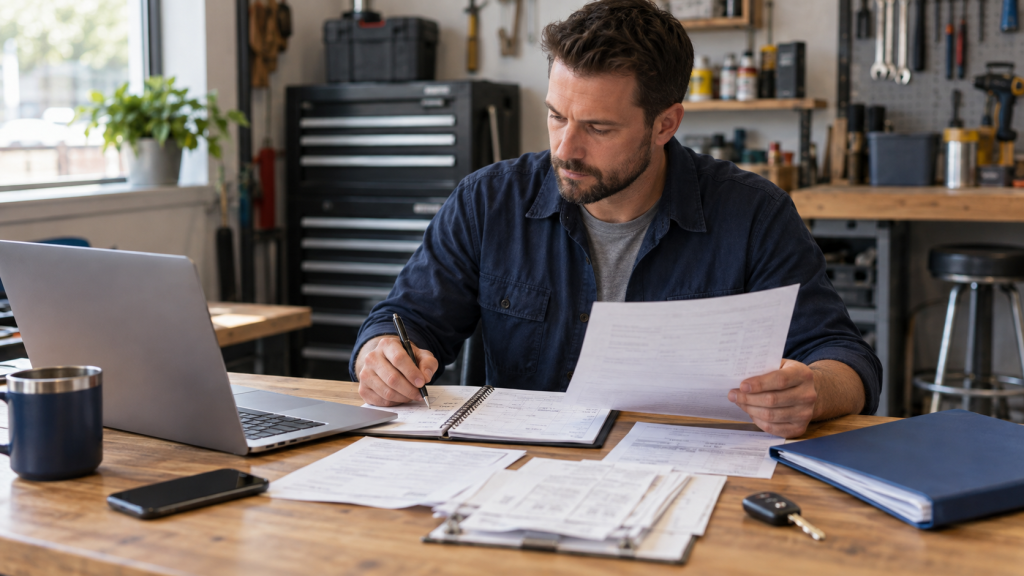 Self-employed business owner reviewing financial records and missed work after an Indiana car accident.