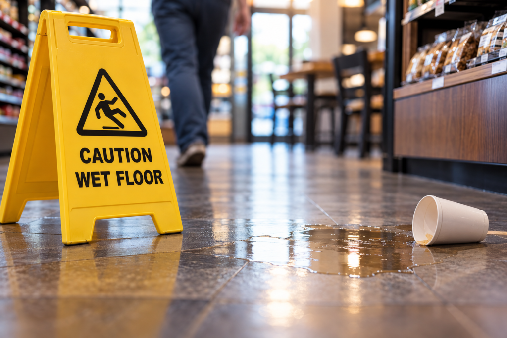 Wet floor and caution sign inside a store after a slip and fall hazard in Carmel, Indiana.
