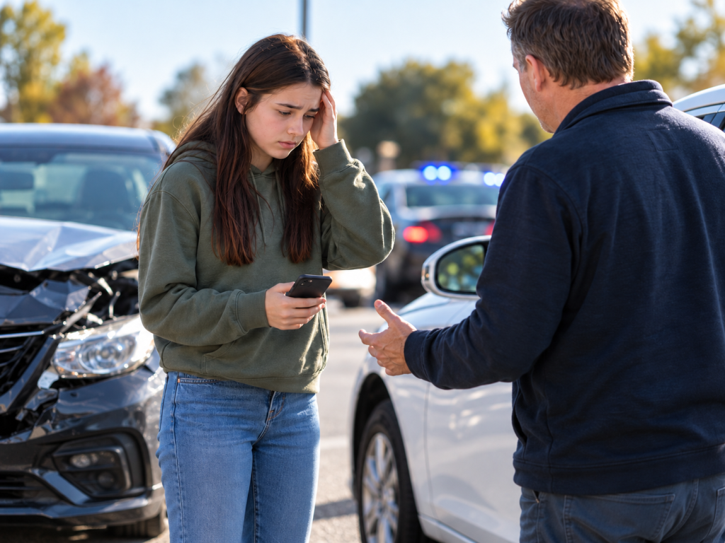 Teen driver looking concerned after a car accident in Indiana with an adult and damaged vehicles nearby.