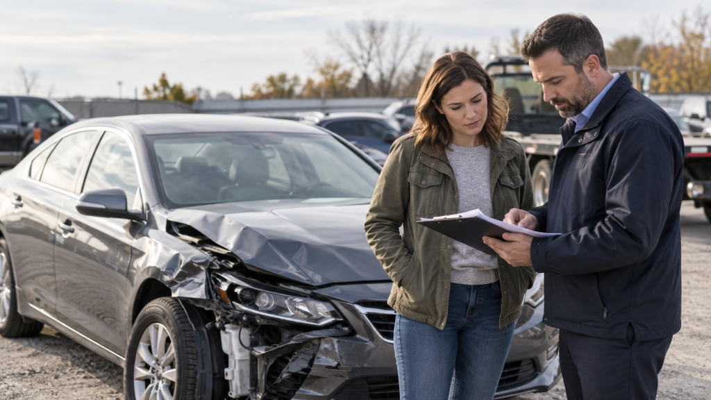 Indiana driver reviewing total-loss paperwork beside a damaged financed car.