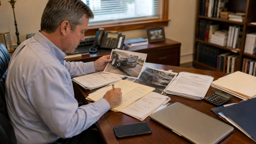 Car accident lawyer reviewing crash photos, medical records, and insurance documents.