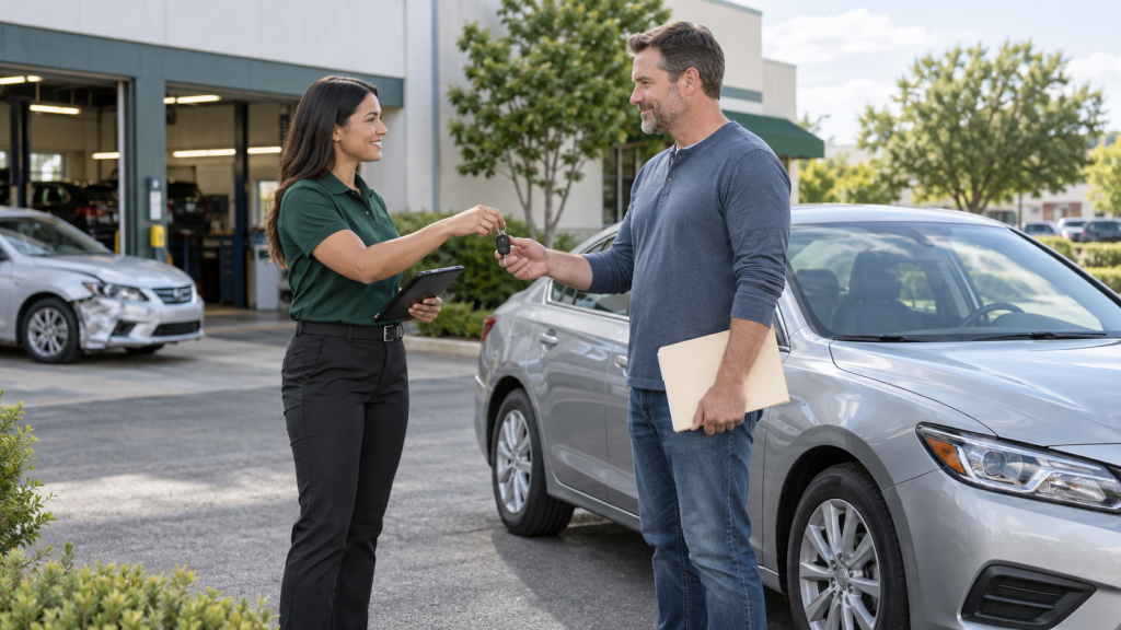 Indiana driver receiving rental-car keys while a damaged vehicle awaits repairs after an accident.